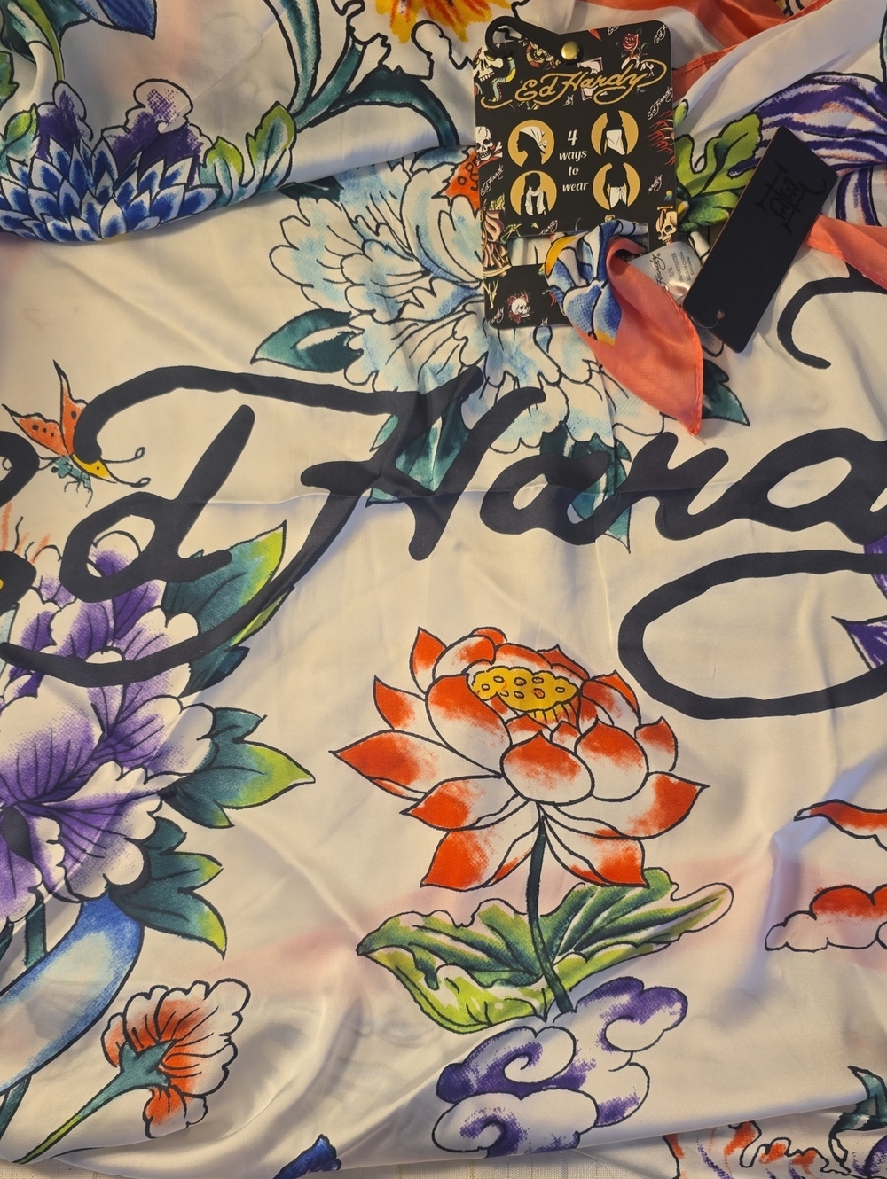 Ed Hardy Coral and Multi-Color Floral 4 Way Wear Scarf/Wrap 40x40in New